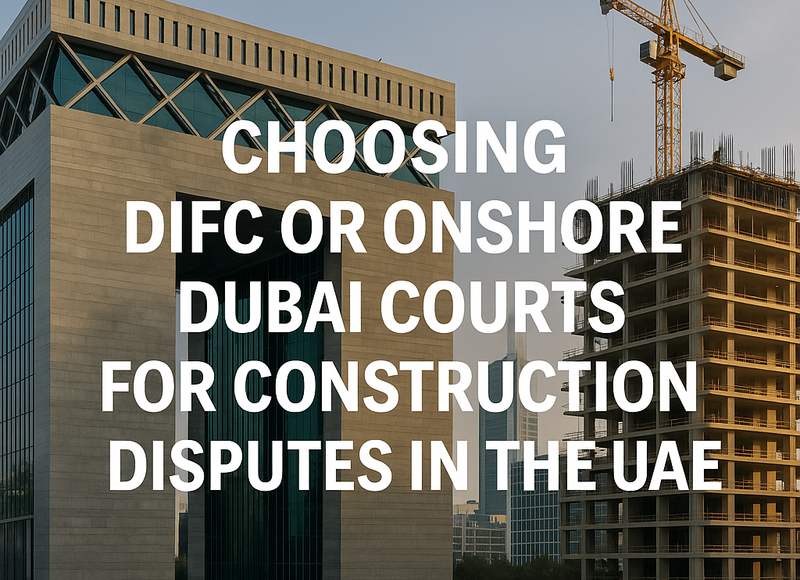 A comparative chart showing DIFC Courts and Onshore Dubai Courts on UAE construction disputes