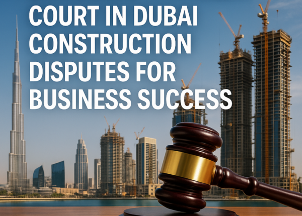 A gavel and construction plans symbolizing Dubai court choices for construction disputes