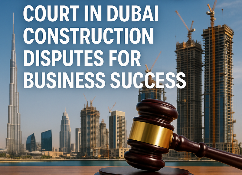 A gavel and construction plans symbolizing Dubai court choices for construction disputes