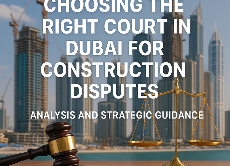 Flow diagram showing construction dispute resolution paths in DIFC and Onshore Dubai Courts, UAE.