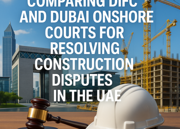 Side-by-side comparison of DIFC Courts and Onshore Dubai Courts for construction disputes in UAE
