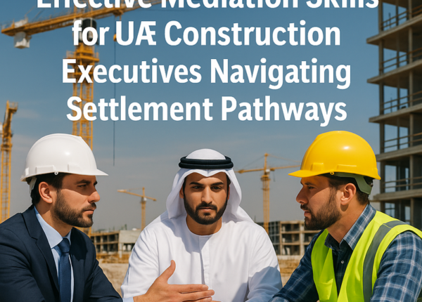 UAE construction executives in mediation, negotiating dispute resolution with legal documents