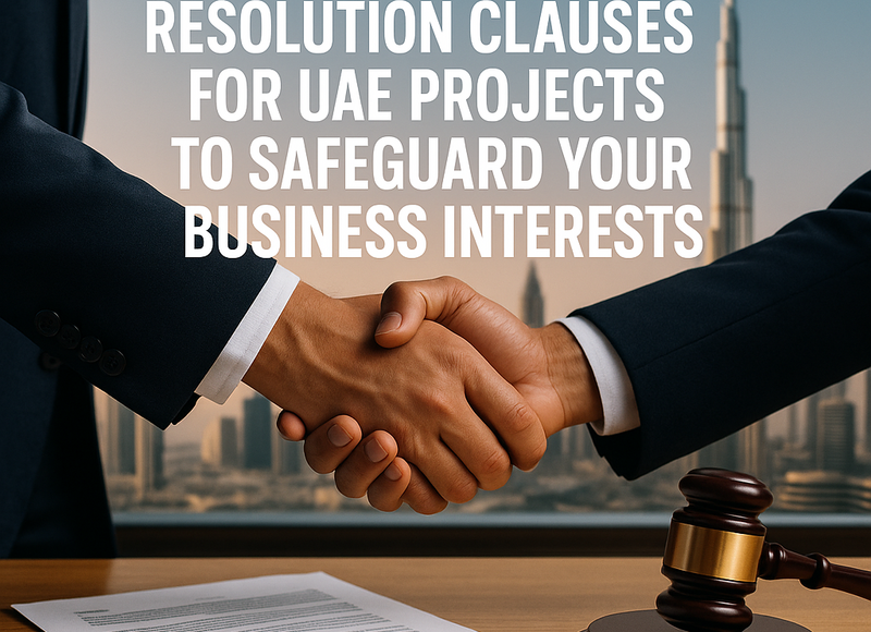Contract with highlighted dispute resolution clause and UAE legal code visible in the background.