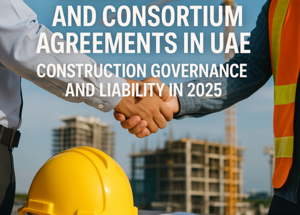 UAE city skyline overlaid with construction contracts and handshake