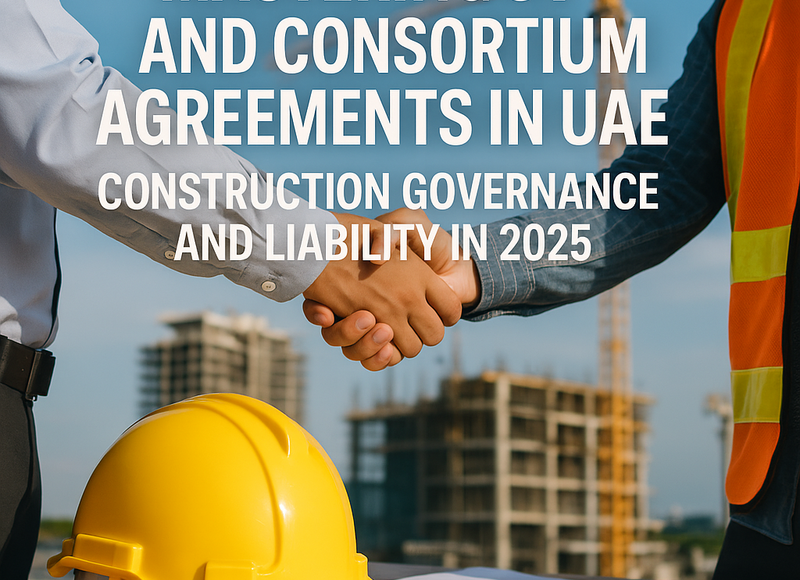 UAE city skyline overlaid with construction contracts and handshake