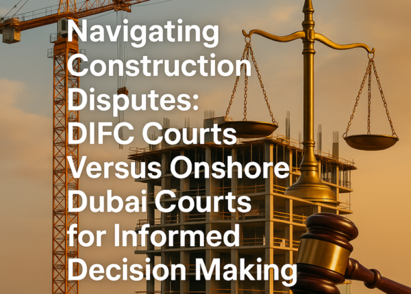 Dubai skyline with DIFC and traditional courts symbolizing construction dispute forums