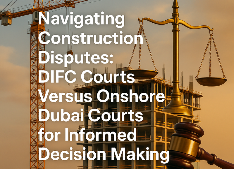 Dubai skyline with DIFC and traditional courts symbolizing construction dispute forums
