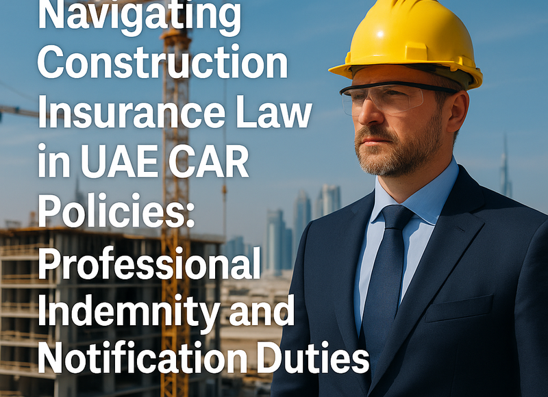 Construction site with legal documents and insurance policy in UAE context