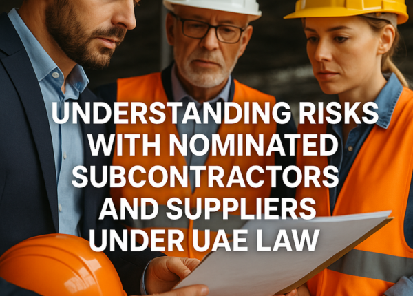 Construction project team reviewing contracts with nominated subcontractors in UAE