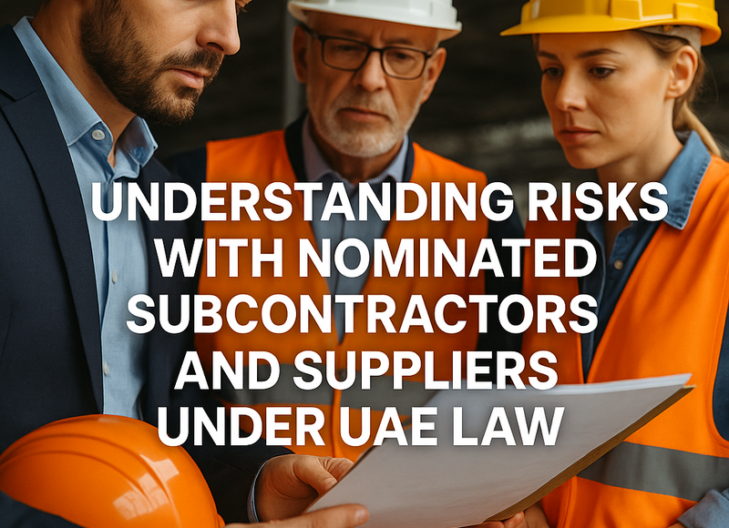 Construction project team reviewing contracts with nominated subcontractors in UAE