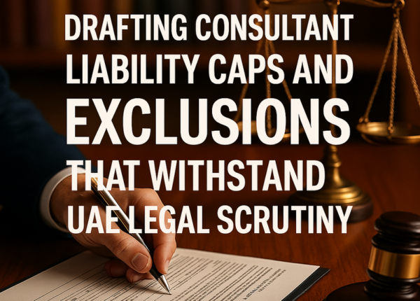 Legal consultant reviewing contract clauses on liability caps and exclusions in a UAE office.