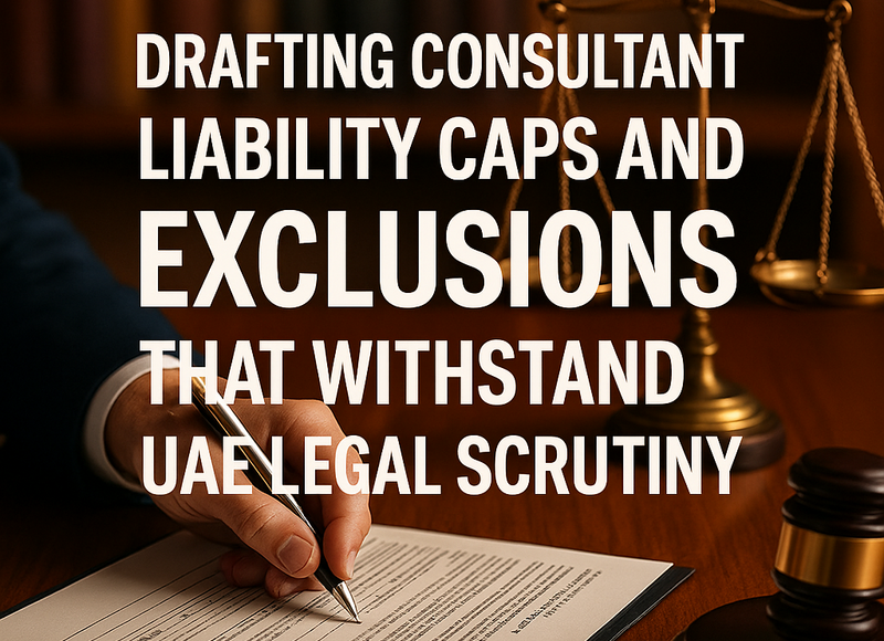 Legal consultant reviewing contract clauses on liability caps and exclusions in a UAE office.