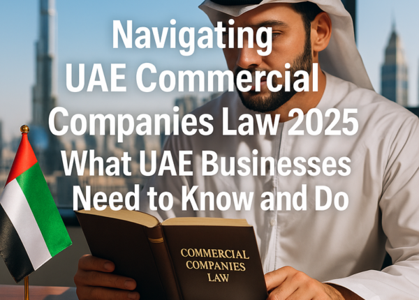 Modern UAE skyline with legal documents and business professionals