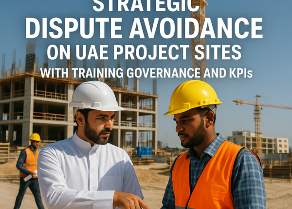 UAE project site team in dispute avoidance training with compliance chart.