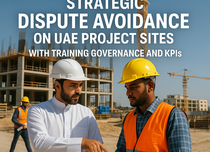 UAE project site team in dispute avoidance training with compliance chart.
