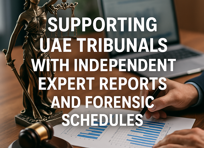 A UAE tribunal reviewing independent expert reports and forensic schedules in a legal dispute