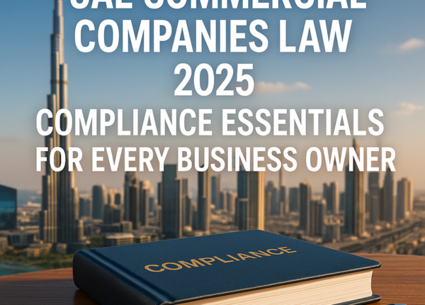 Business professionals reviewing UAE Commercial Companies Law updates in a modern office.