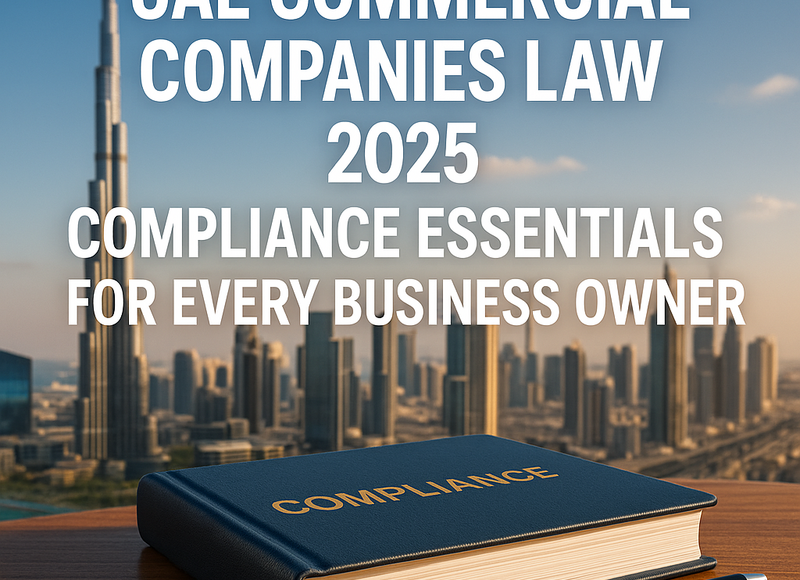 Business professionals reviewing UAE Commercial Companies Law updates in a modern office.