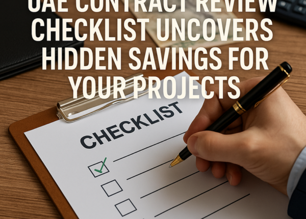 Lawyer reviews a project contract checklist in a modern UAE office setting