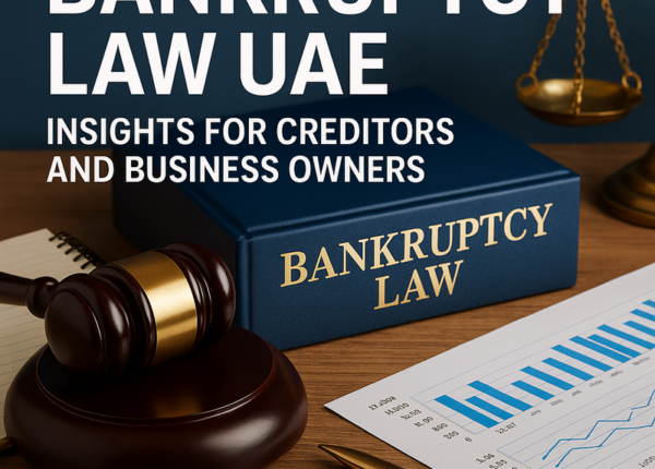 Illustration of business stakeholders navigating UAE bankruptcy procedures with legal documents