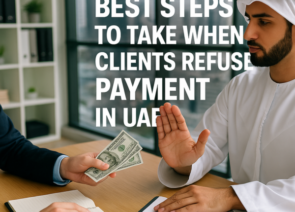 Legal consultant reviewing unpaid invoice documents with UAE law books visible.