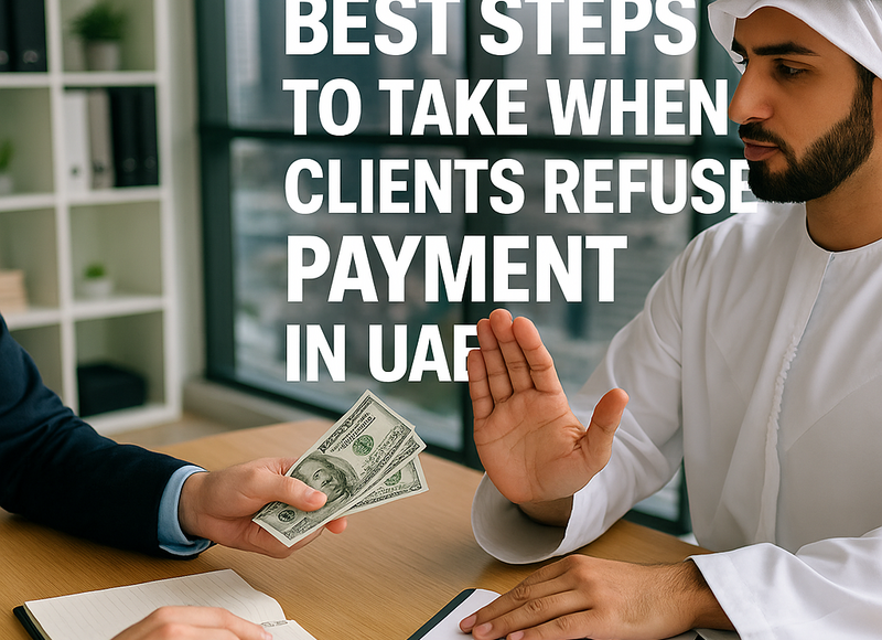 Legal consultant reviewing unpaid invoice documents with UAE law books visible.