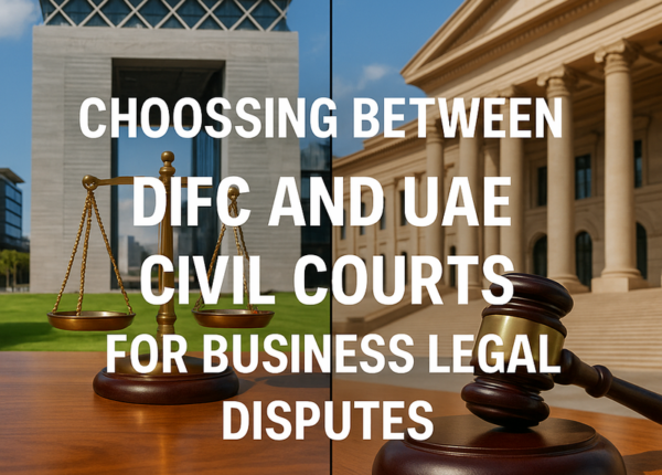 Courtroom with DIFC and UAE Civil Courts symbols, highlighting legal choices for businesses