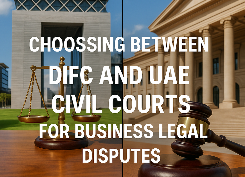 Courtroom with DIFC and UAE Civil Courts symbols, highlighting legal choices for businesses