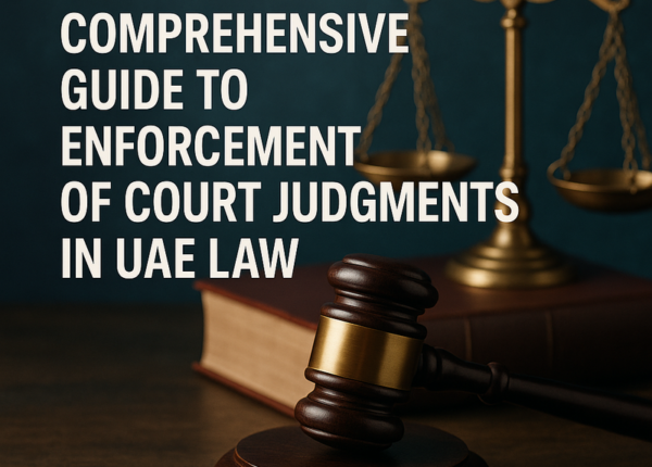 UAE courthouse with legal documents and digital enforcement icons
