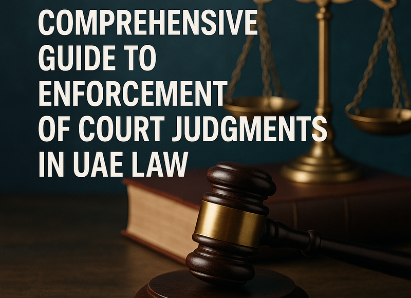 UAE courthouse with legal documents and digital enforcement icons