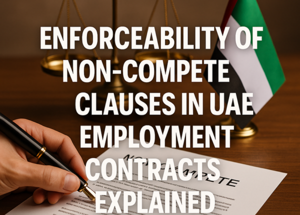 Modern UAE business meeting with employment contracts and legal advisor discussing non-compete clauses