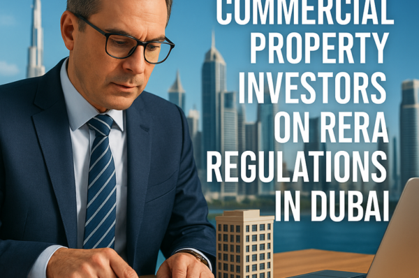 A legal advisor reviews Dubai commercial property regulations with business clients.
