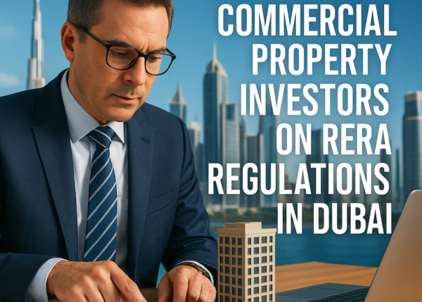 A legal advisor reviews Dubai commercial property regulations with business clients.