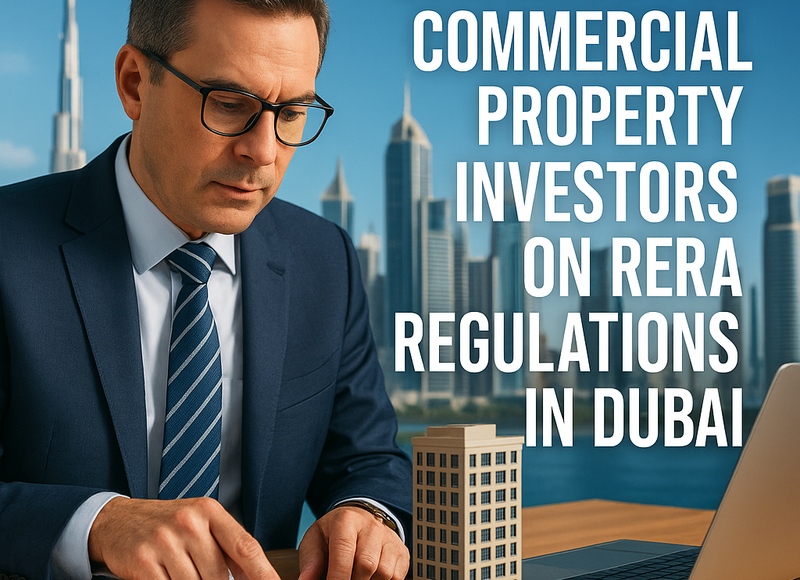 A legal advisor reviews Dubai commercial property regulations with business clients.