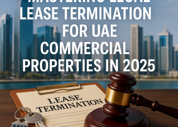 Professional businesspeople reviewing commercial lease termination documents in UAE office setting