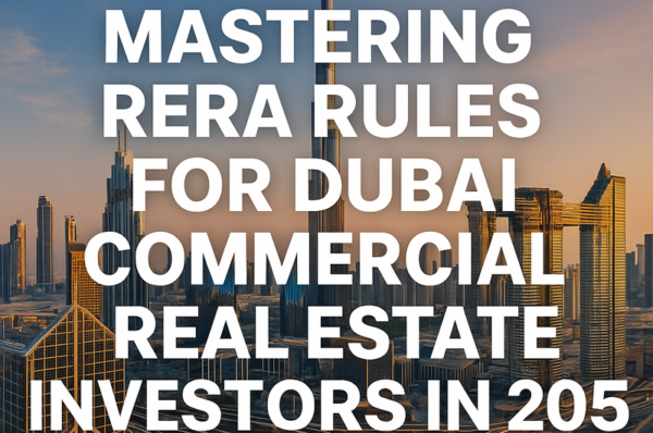 Modern Dubai skyline with prominent commercial properties and digital compliance visuals