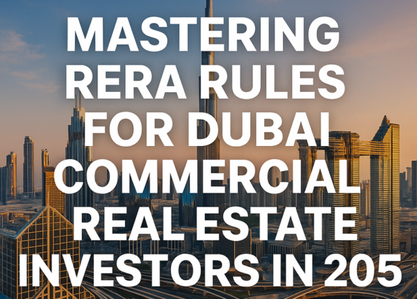 Modern Dubai skyline with prominent commercial properties and digital compliance visuals