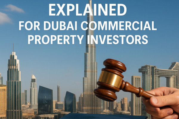 Aerial view of Dubai commercial towers representing regulated property investment.