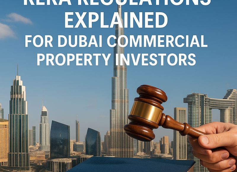 Aerial view of Dubai commercial towers representing regulated property investment.