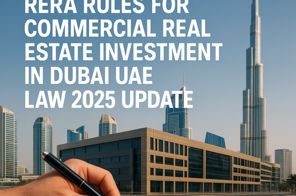 Dubai skyline with commercial real estate buildings under RERA regulation.