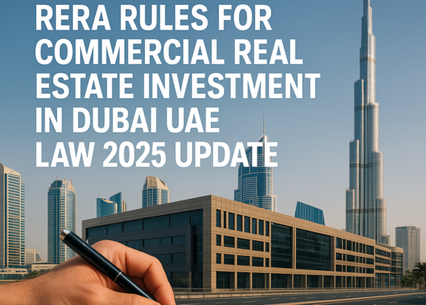 Dubai skyline with commercial real estate buildings under RERA regulation.